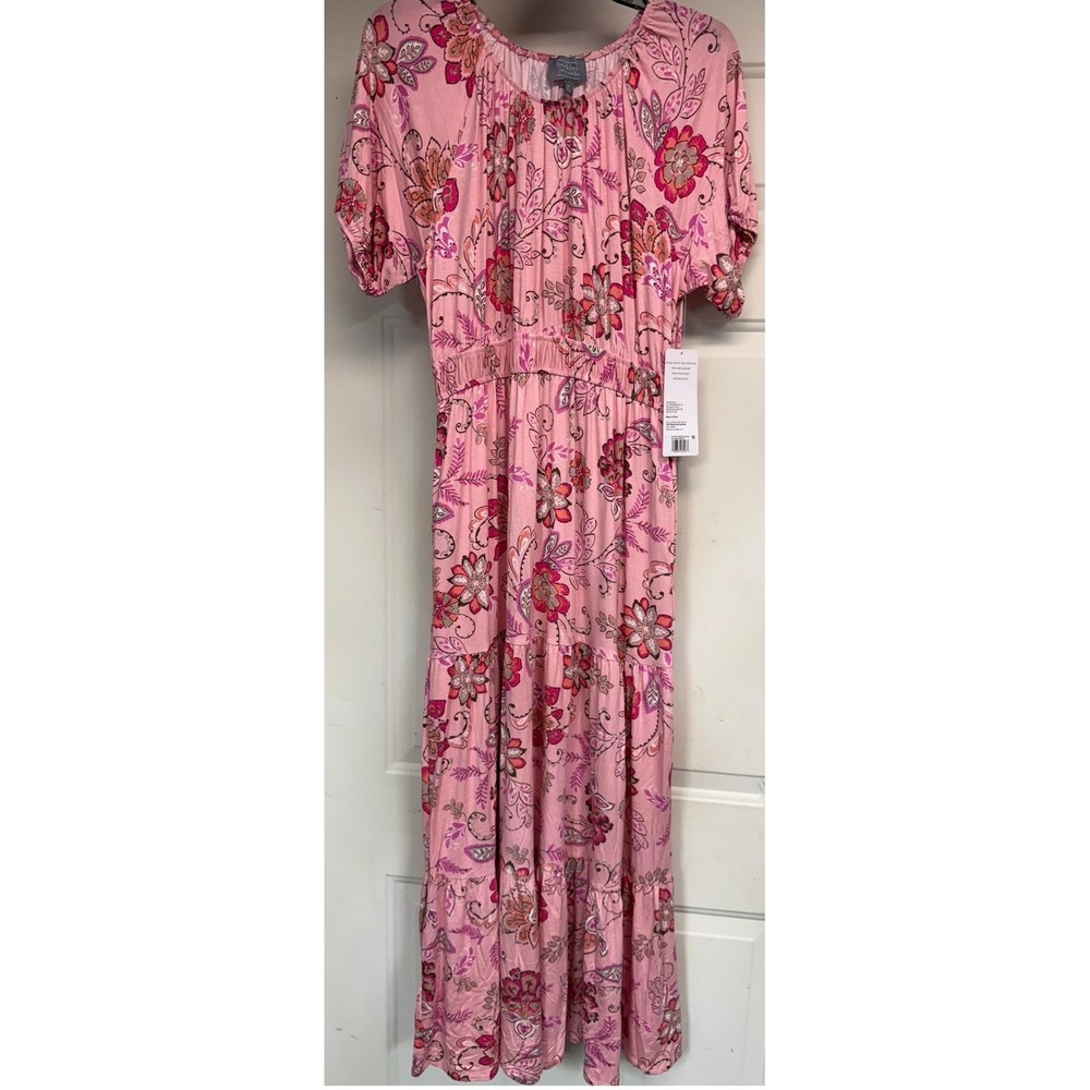 Berkley Jensen Womens Pink Floral Paisley Short Sleeve Maxi Dress Size M 0573